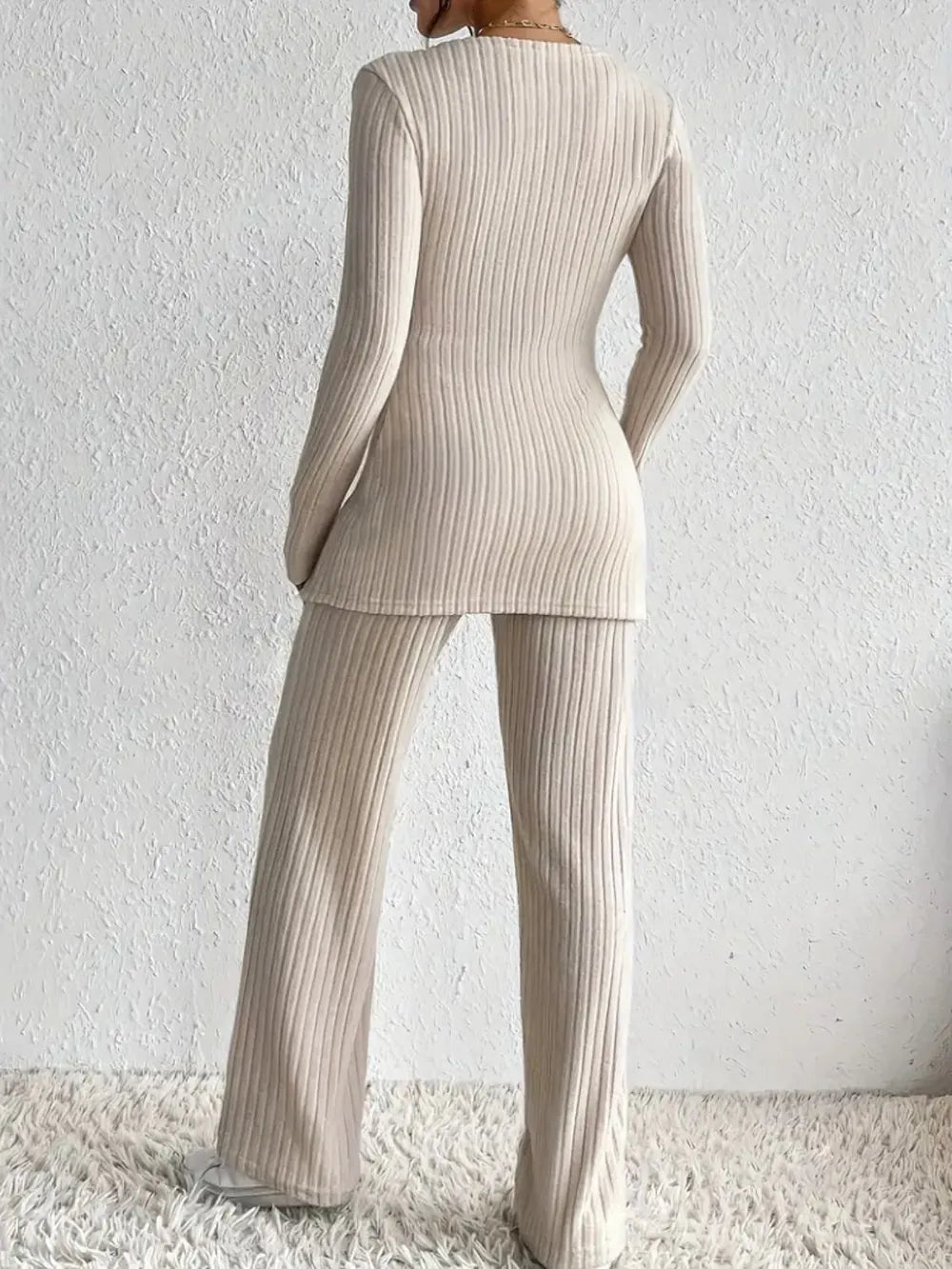 Surplice Long Sleeve Top Pants Set (5)