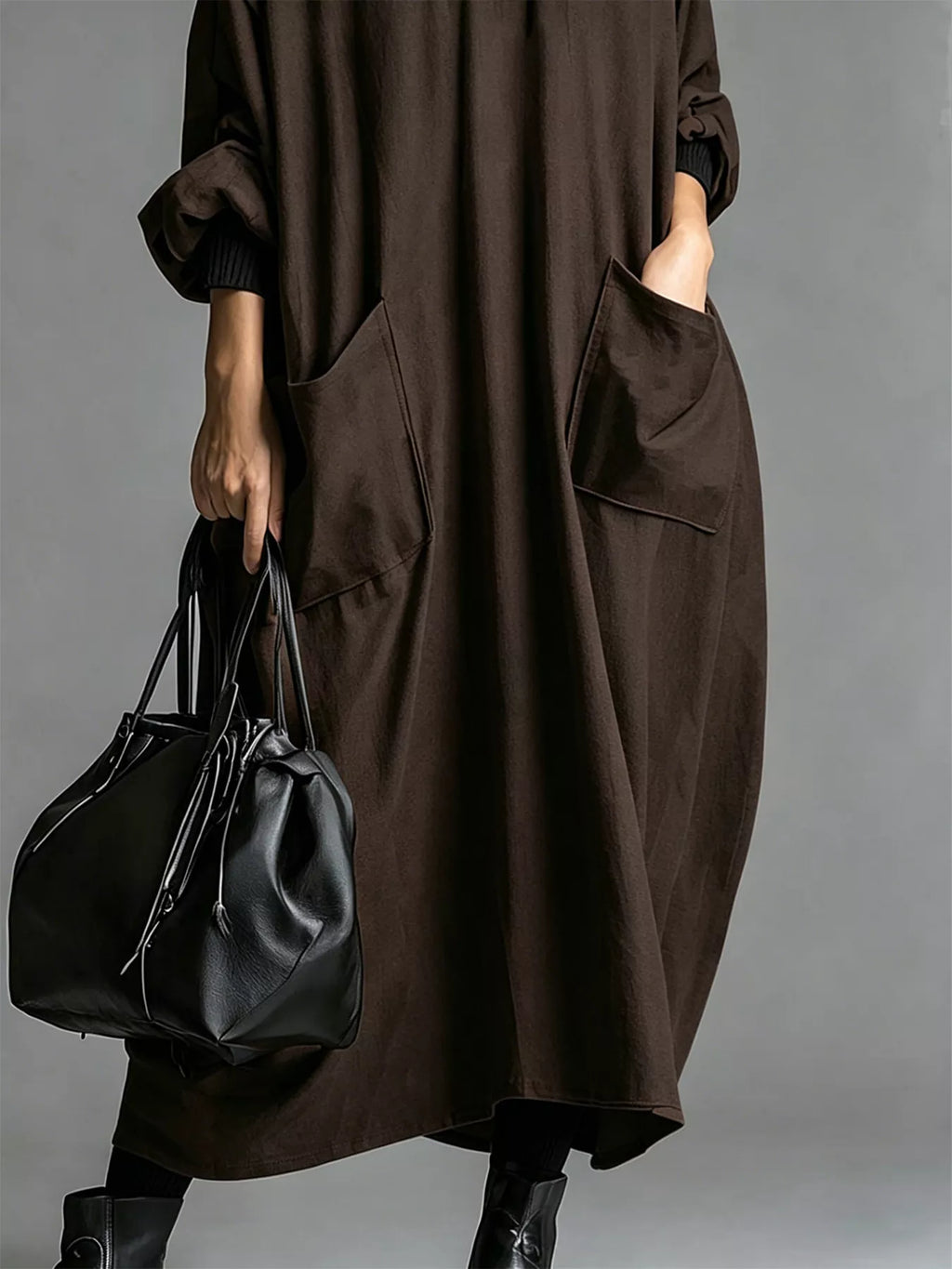 Full Size Loose-fit Mock Neck Midi Dress Pockets Plus (3)