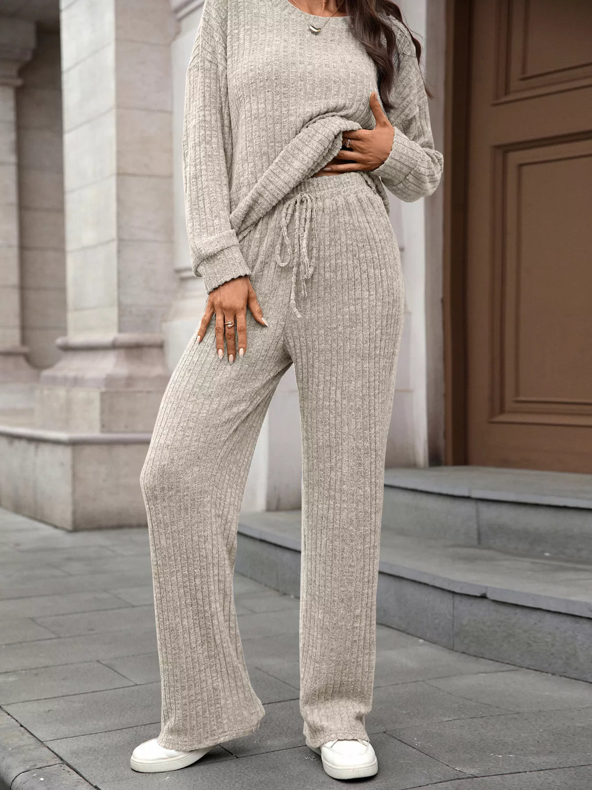 Ribbed Round Neck Top Pants Set (10)