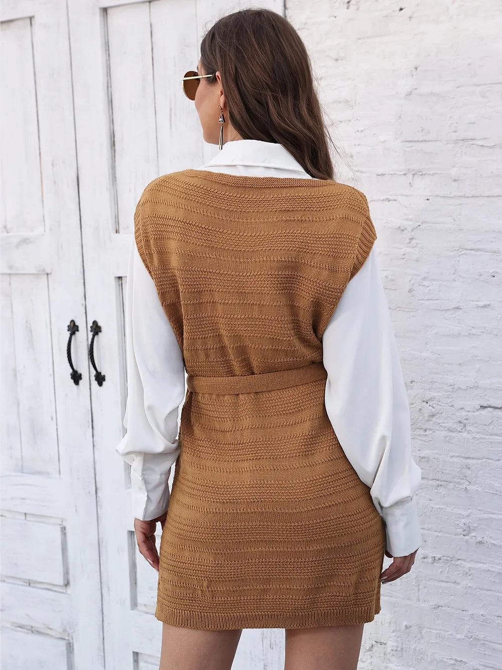 Tie Front V-neck Sleeveless Slit Sweater Dress (2)