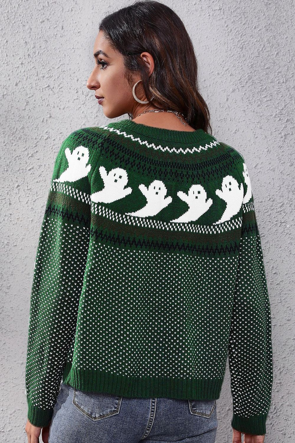 Ghost Pattern Round Neck Long Sleeve Sweater (11)