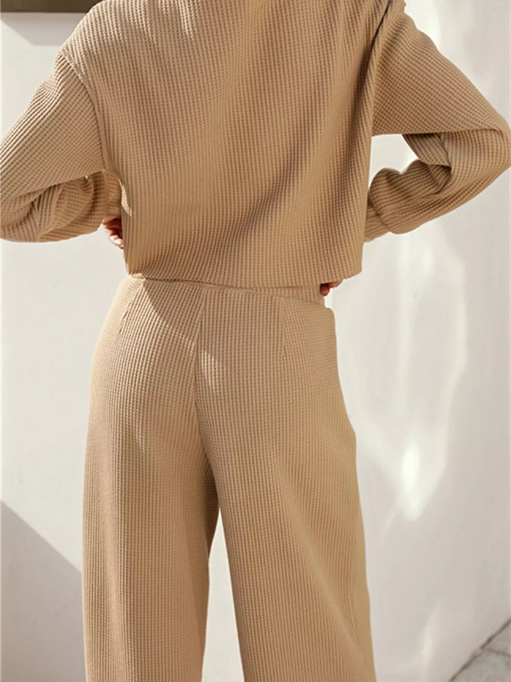 Waffle-knit Round Neck Top Pants Set (12)