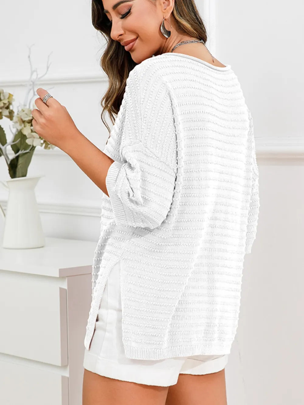 Rolled Round Neck Dropped Shoulder Slit Sweater (2)