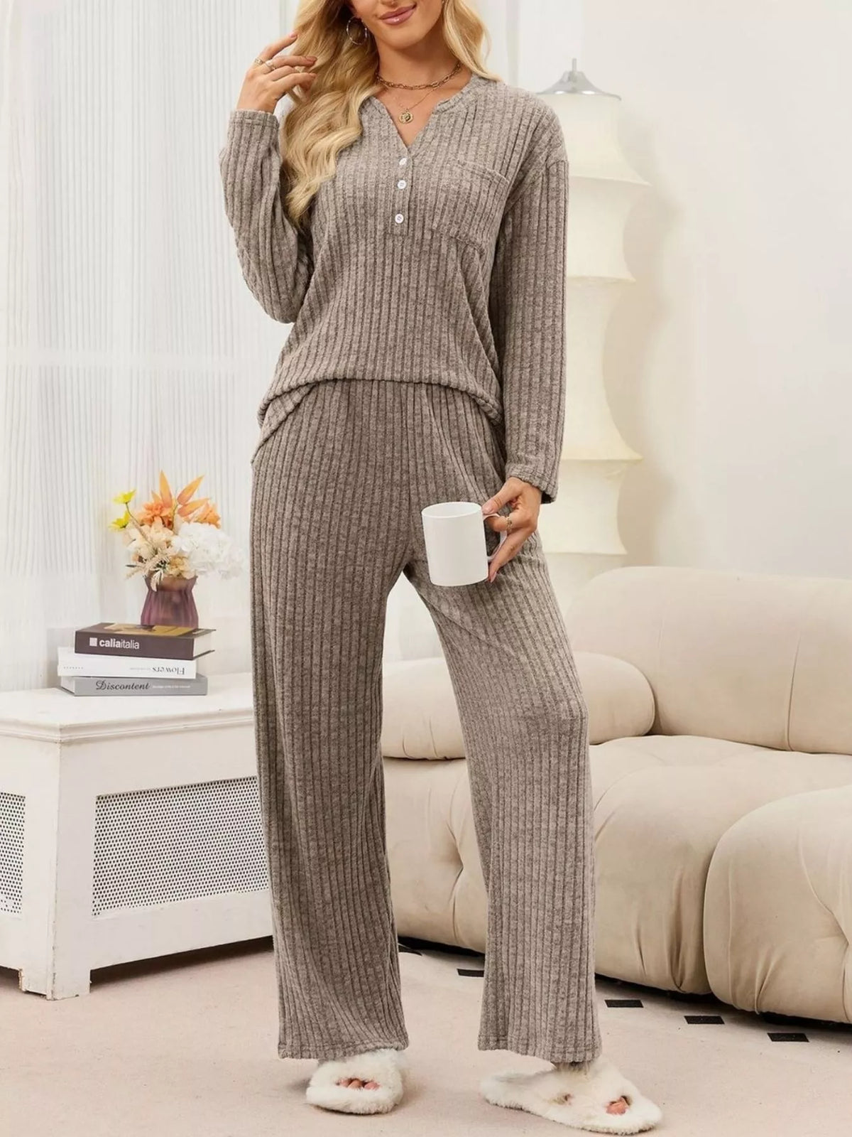 Ribbed Knit Top Wide-leg Pants Set (16)