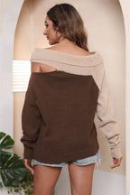Asymmetrical Long Sleeve Two-tone Cutout Sweater (2)