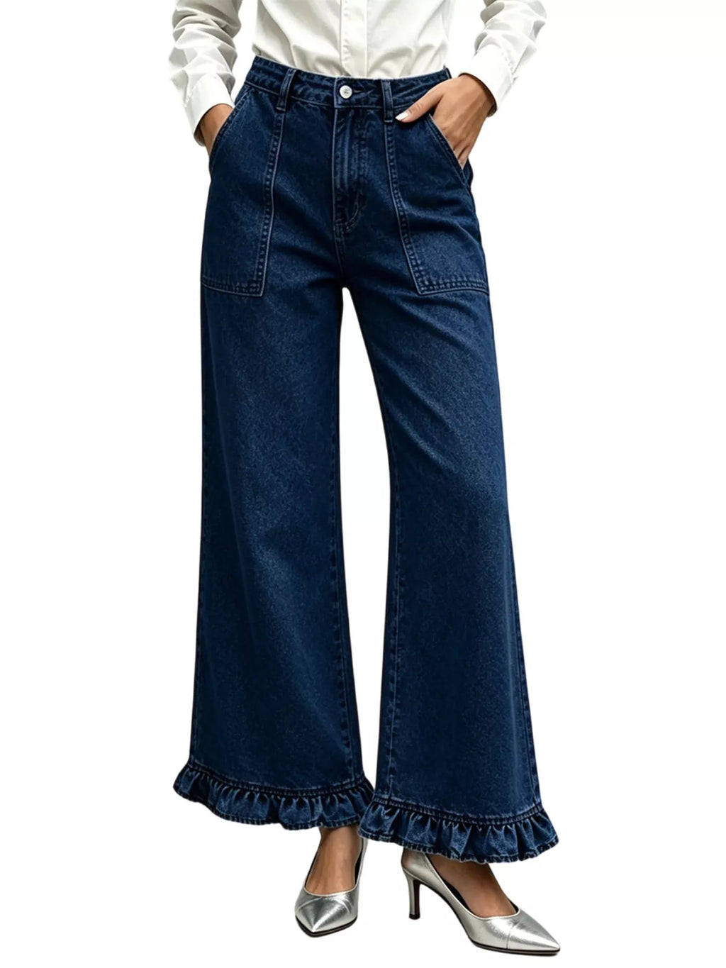 High-waisted Wide-leg Ruffle Hem Jeans (8)