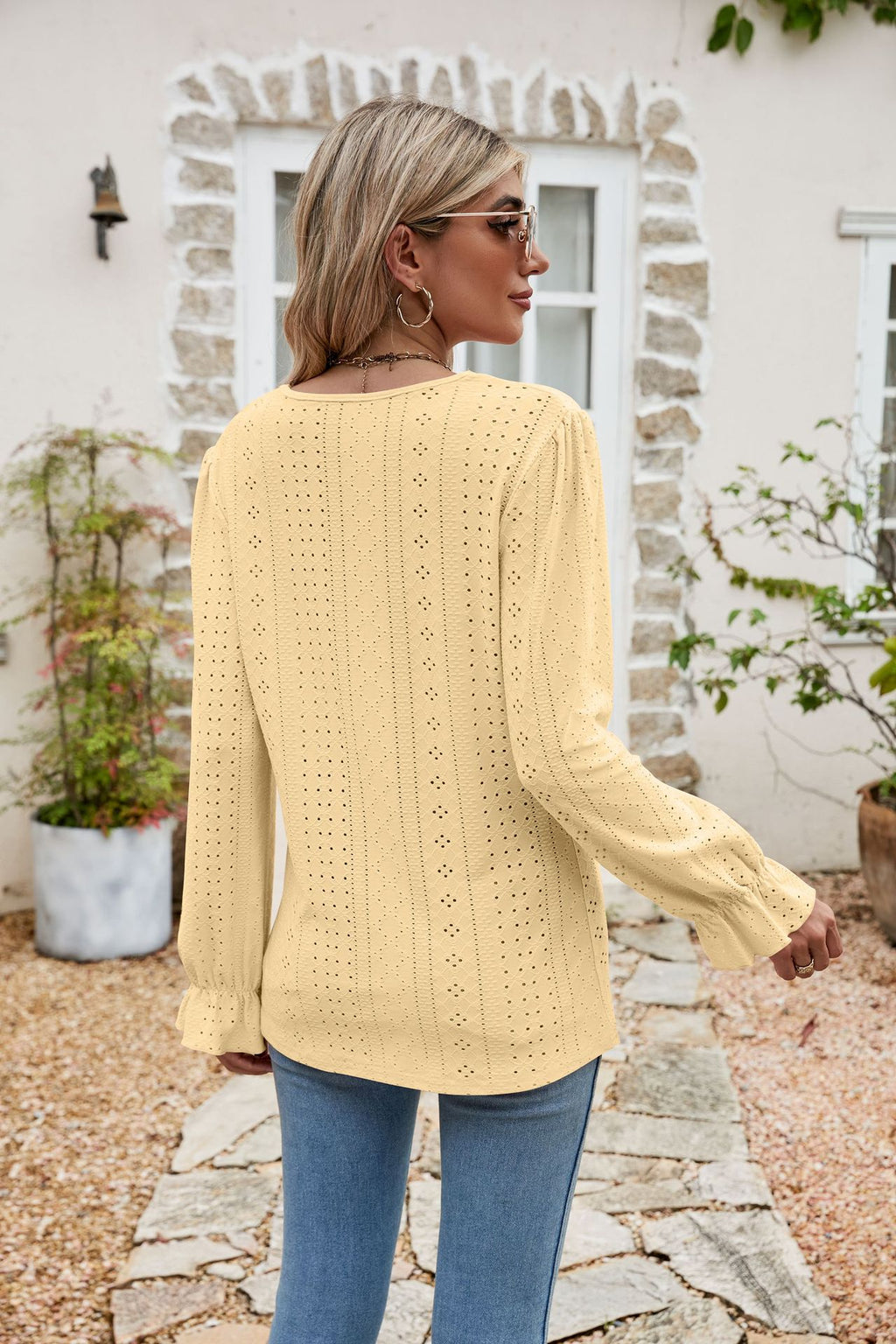 Eyelet Lace Trim Flounce Sleeve Blouse (6)