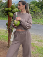 Waffle-knit Round Neck Top Pants Set (22)