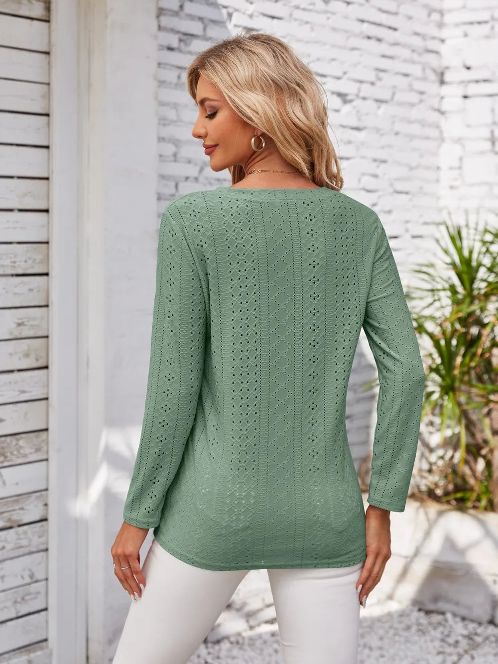 Decorative Button Openwork V-neck T-shirt (21)