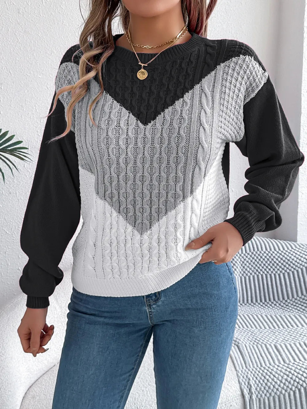 Contrast Round Neck Long Sleeve Sweater (5)