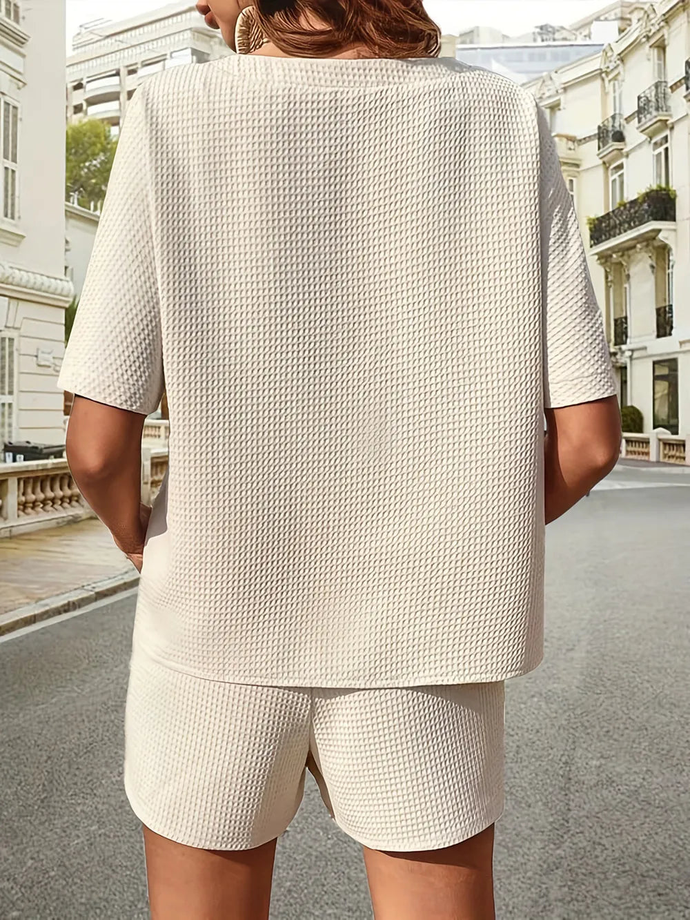Waffle-knit Half Sleeve Top Shorts Set (2)