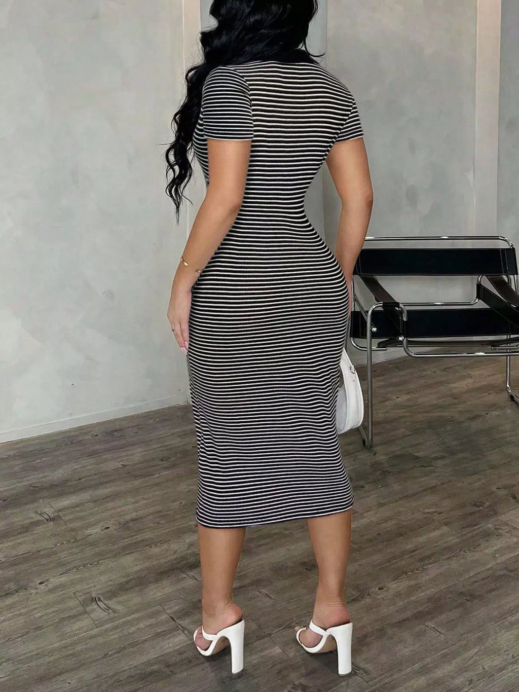 Striped Polo Collar Midi Dress (18)