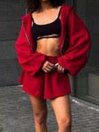 Zip Up Long Sleeve Outerwear Shorts Set (20)