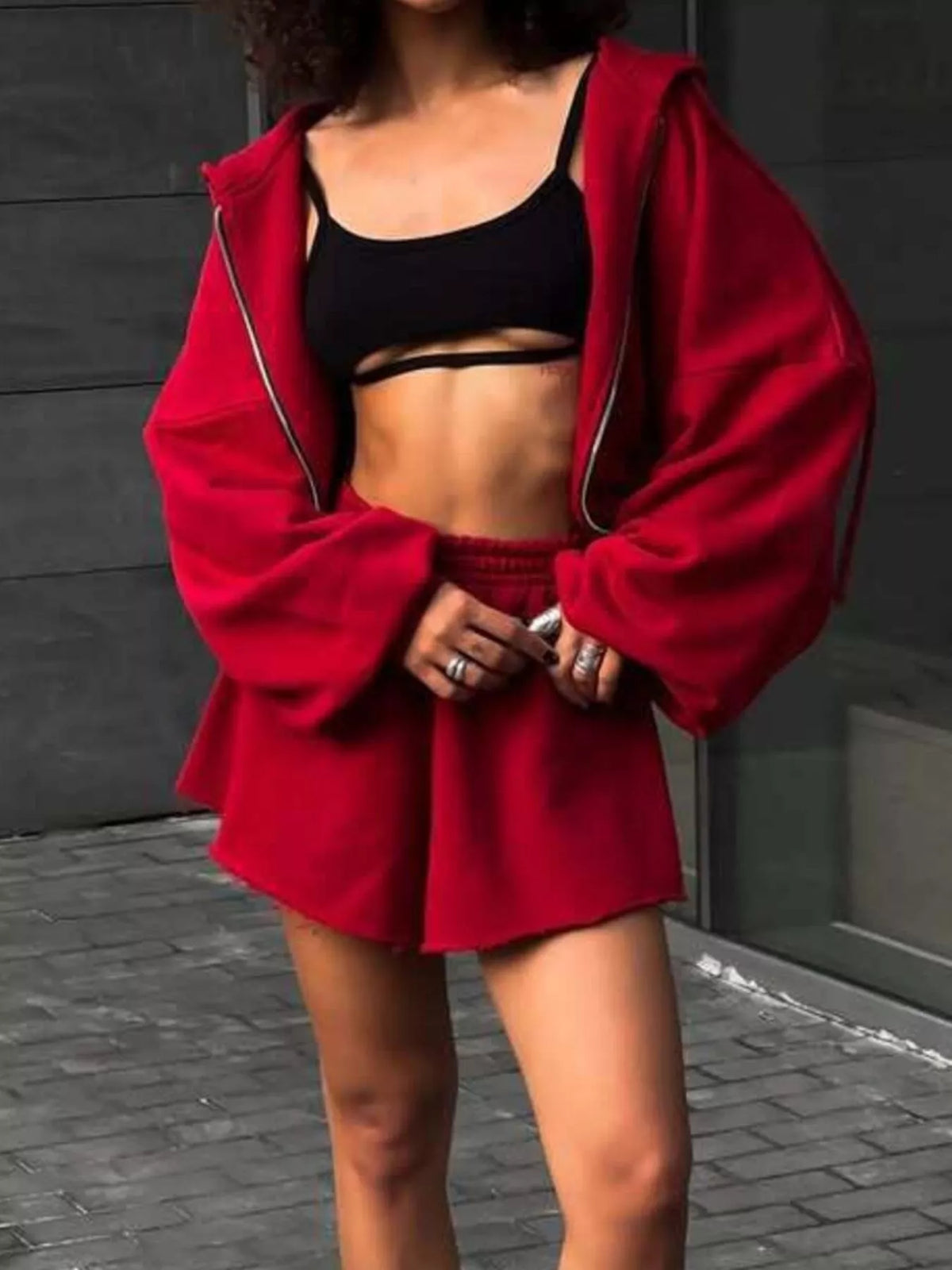 Zip Up Long Sleeve Outerwear Shorts Set (20)