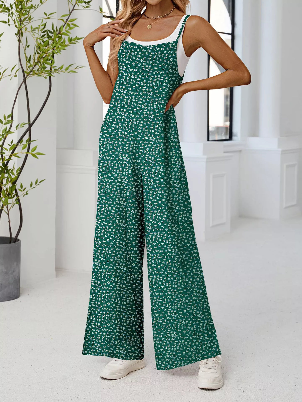 Full Size Floral Print Wide Leg Spaghetti Strap Overalls (15)