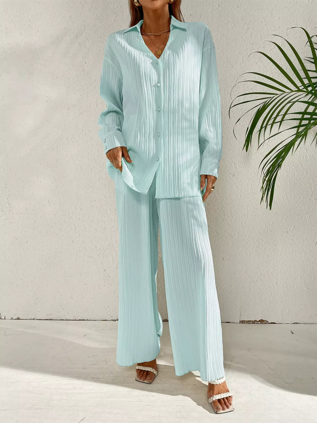 Long Sleeve Shirt Wide Leg Pants Set (16)