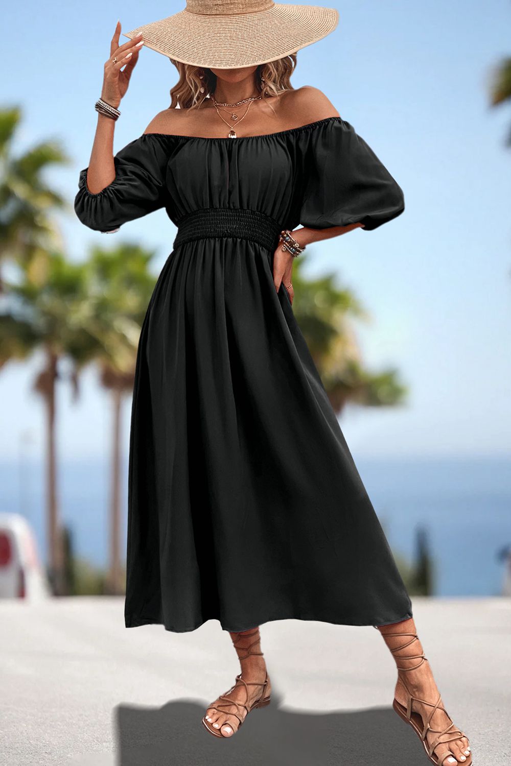 Square Neck Smocked Waist Puff Sleeve Midi Dress (5)