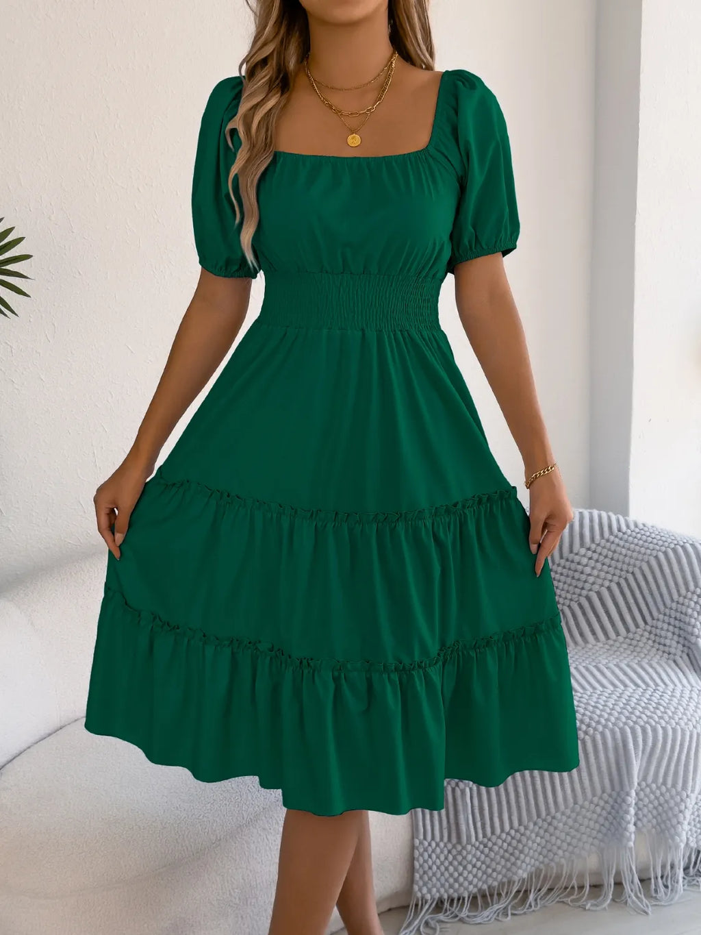 Square Neck Short Puff Sleeve Dress (7)