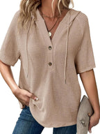 Drawstring Waffle-knit Short Sleeve Hooded Top (17)