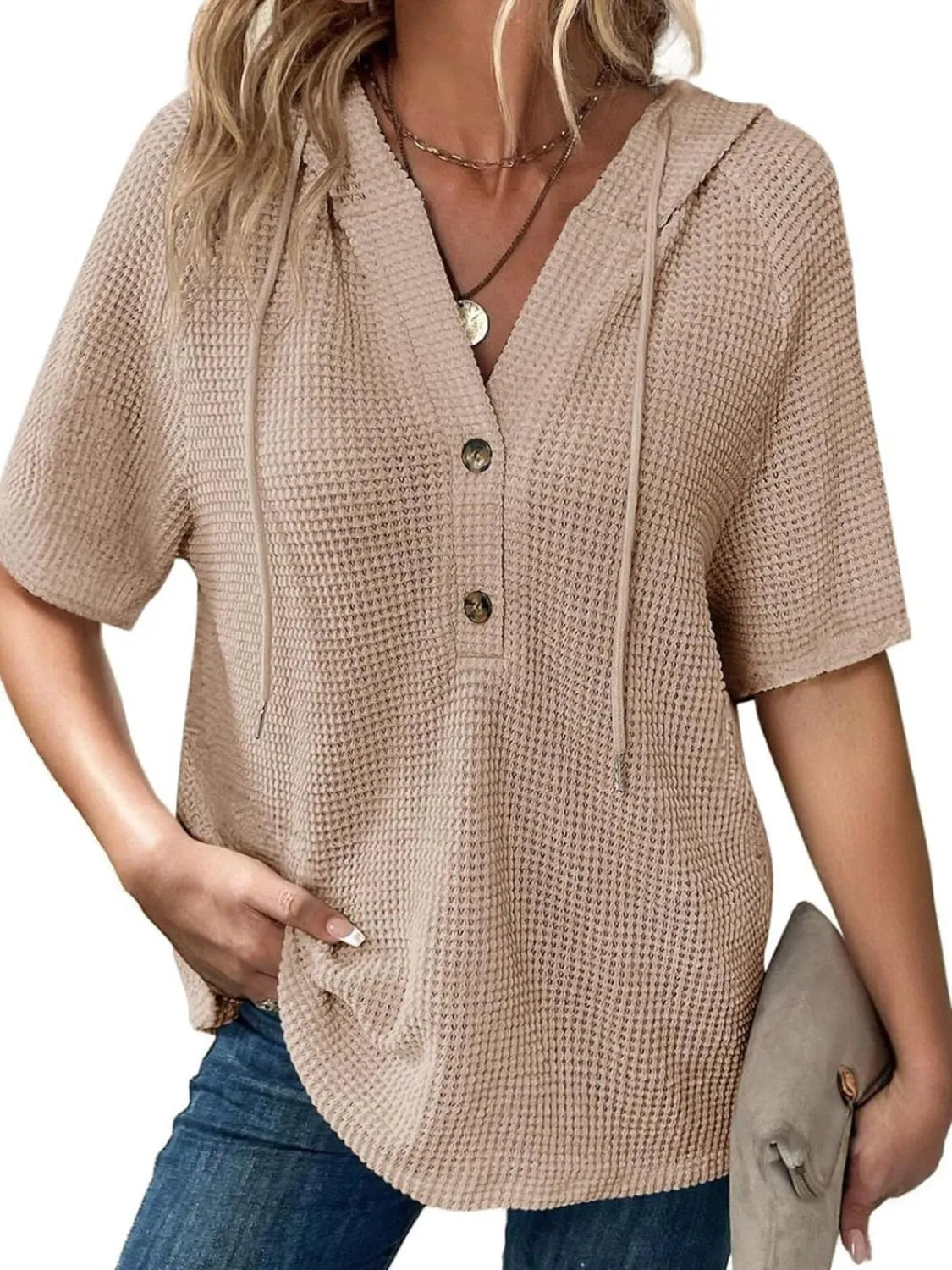Drawstring Waffle-knit Short Sleeve Hooded Top (17)