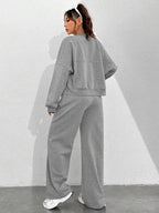 Casual Solid Color Zipper Jacket Wide Leg Pants Set (22)