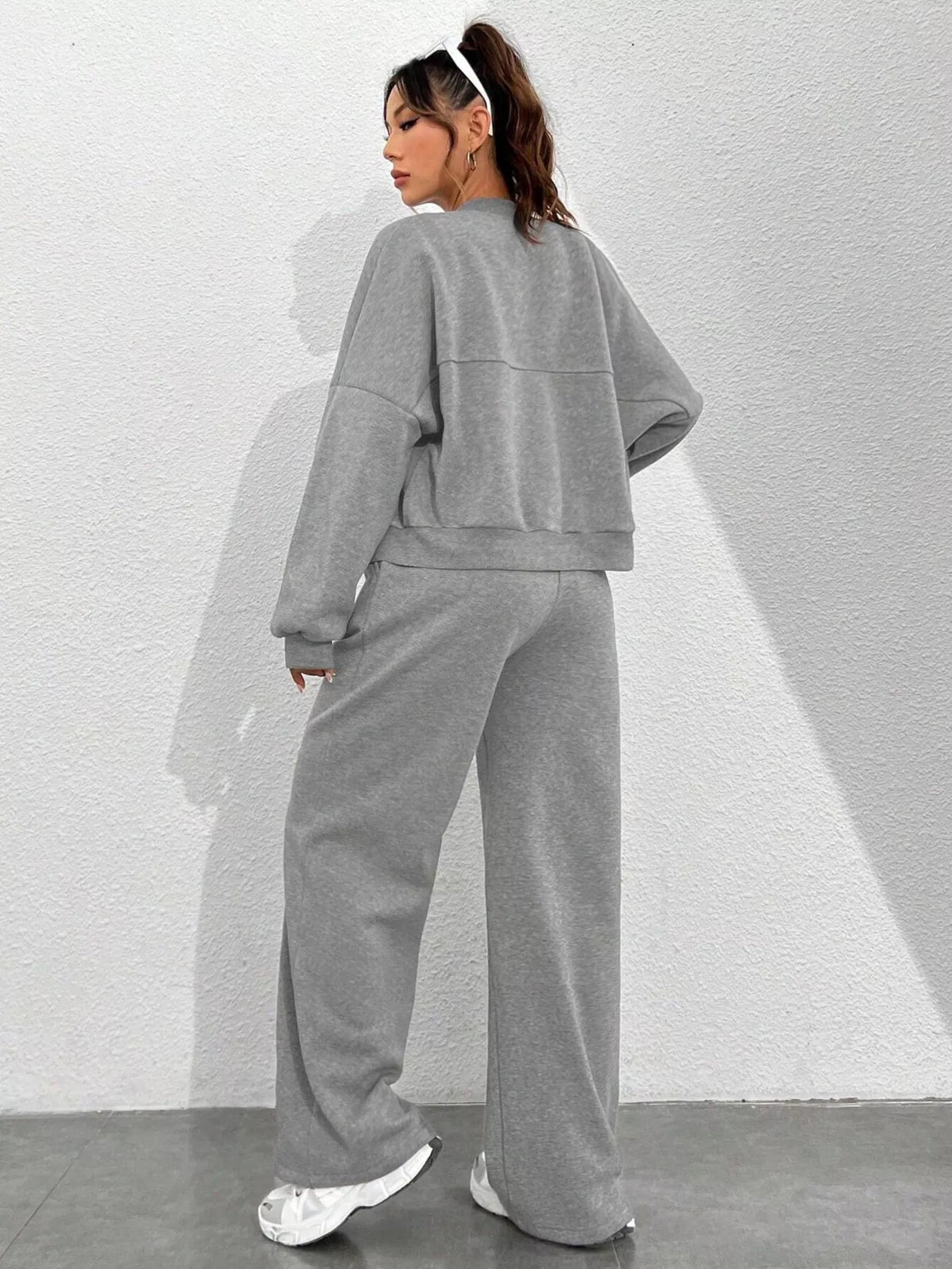 Casual Solid Color Zipper Jacket Wide Leg Pants Set (22)