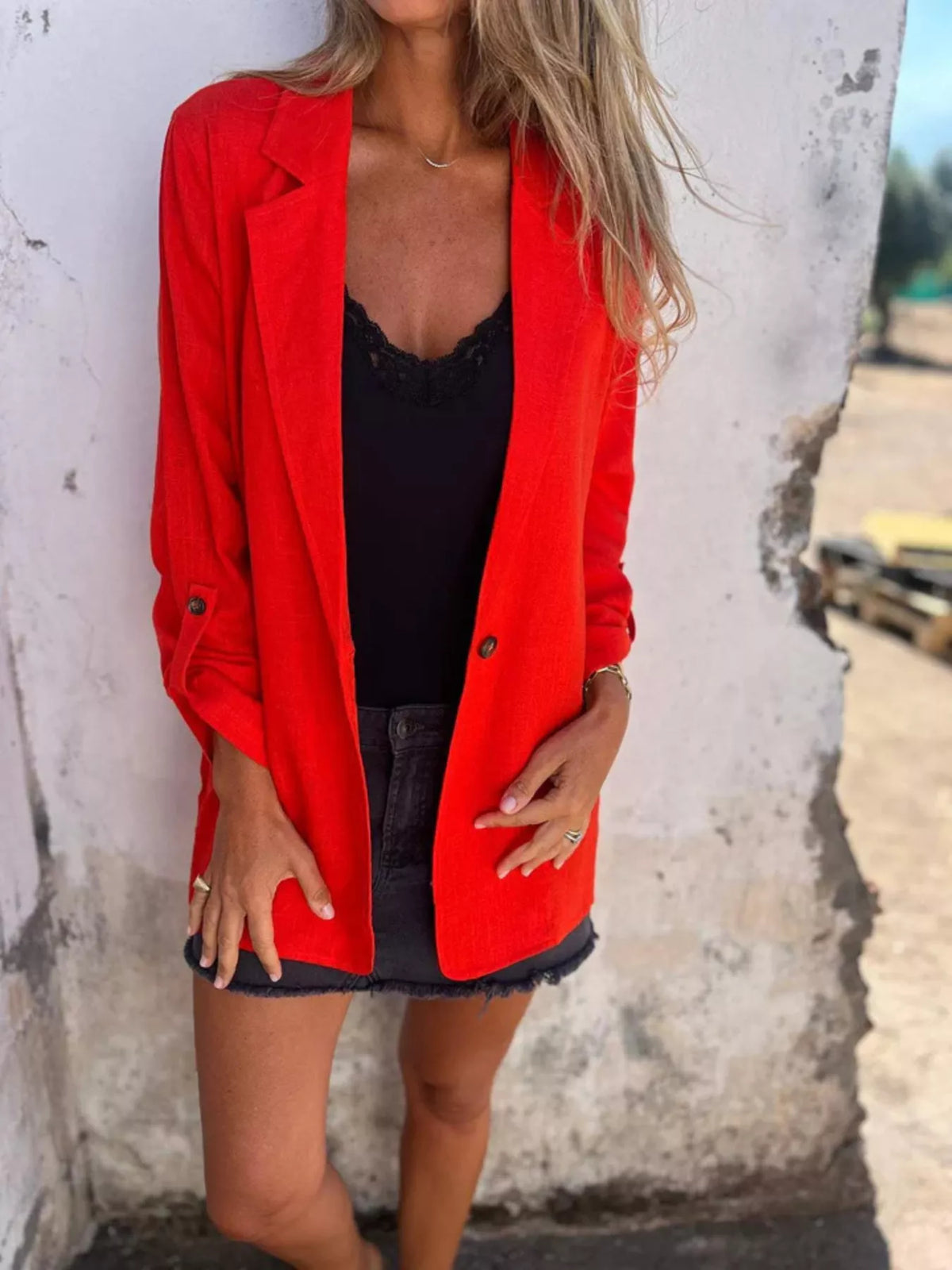 Full Size Lapel Collar Long Sleeve Blazer Plus