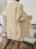 Dropped Shoulder Button Up Top Elastic Waist Shorts Set (18)