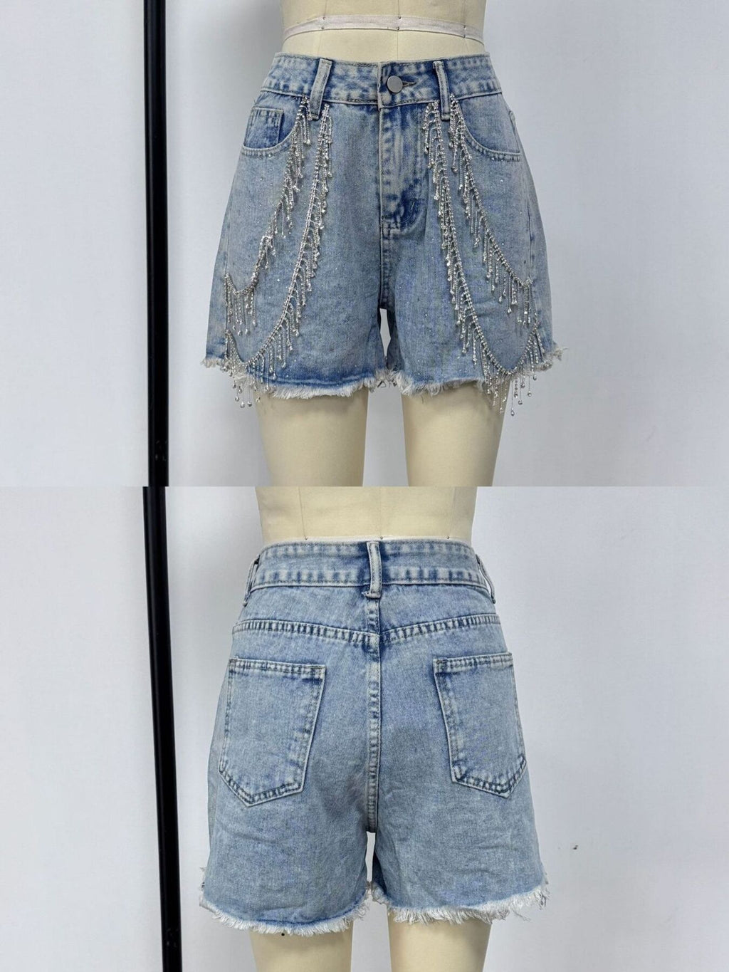 Rhinestone Chain Raw Hem Denim Shorts (3)
