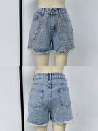 Rhinestone Chain Raw Hem Denim Shorts (3)
