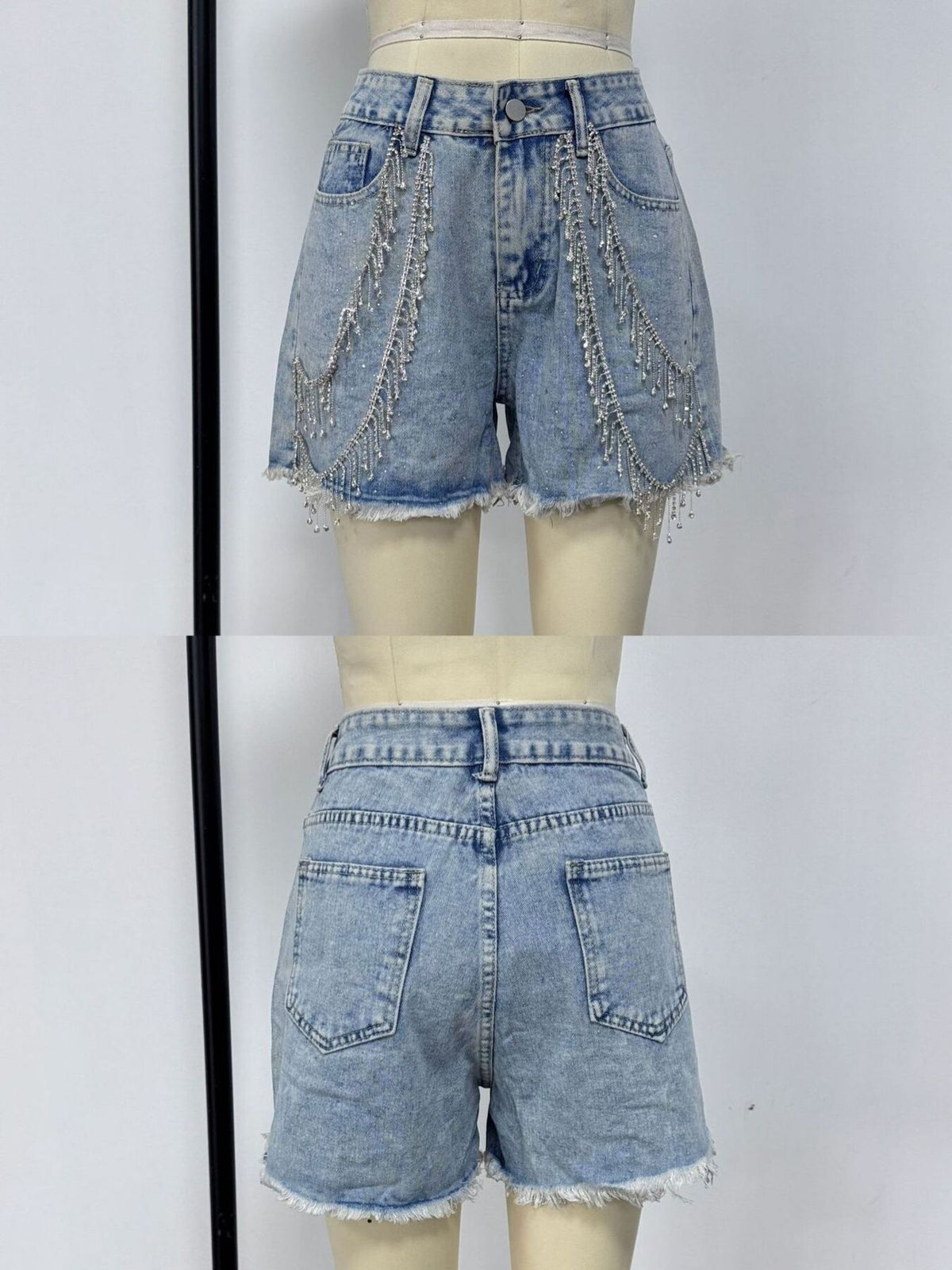 Rhinestone Chain Raw Hem Denim Shorts (3)