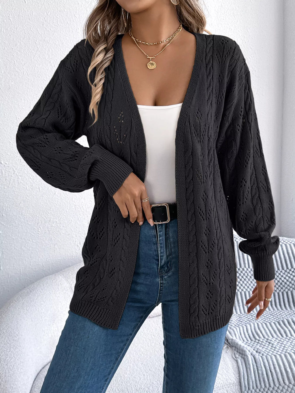 Openwork Open Front Long Sleeve Cardigan (5)