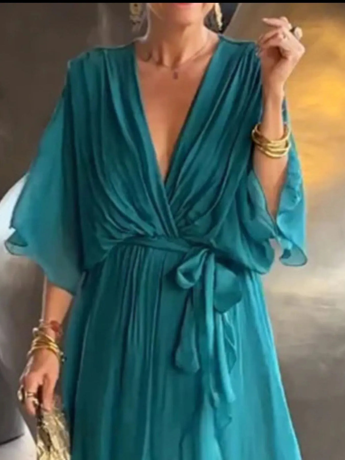 Full Size Flowy Tie Front Midi Dress Flutter Sleeves Plus (12)