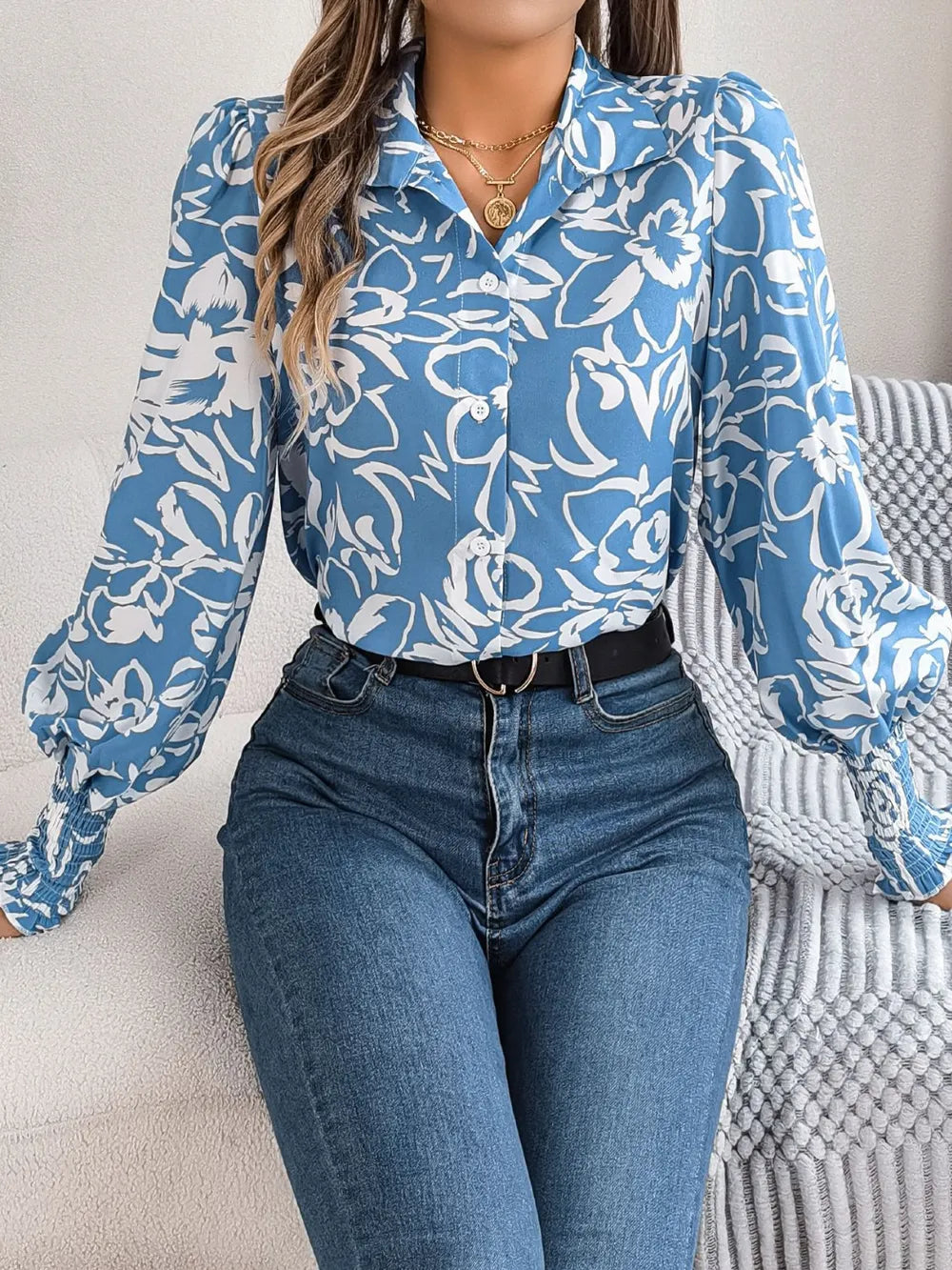 Printed Collared Neck Lantern Sleeve Shirt (6)