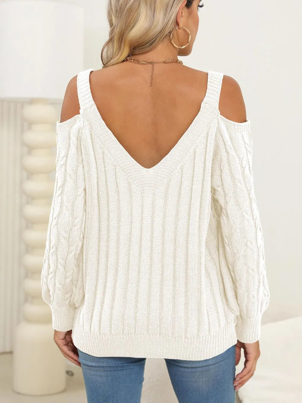 Cable-knit V-neck Long Sleeve Sweater (11)