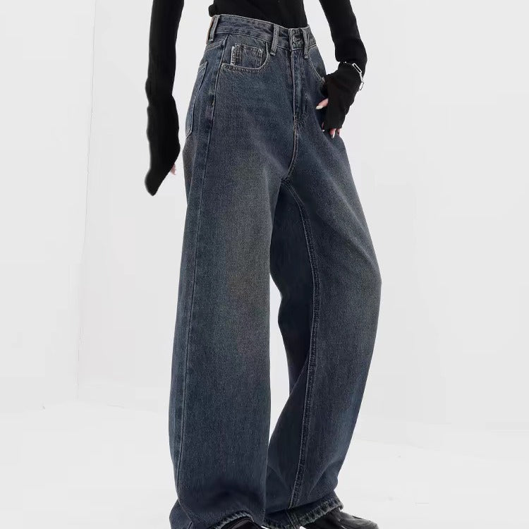 Retro Dark Blue Wide Leg Jeans Baggy Straight Trousers photo 9