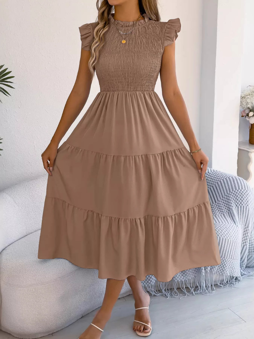 Smocked Ruffled Cap Sleeve Dress (9)