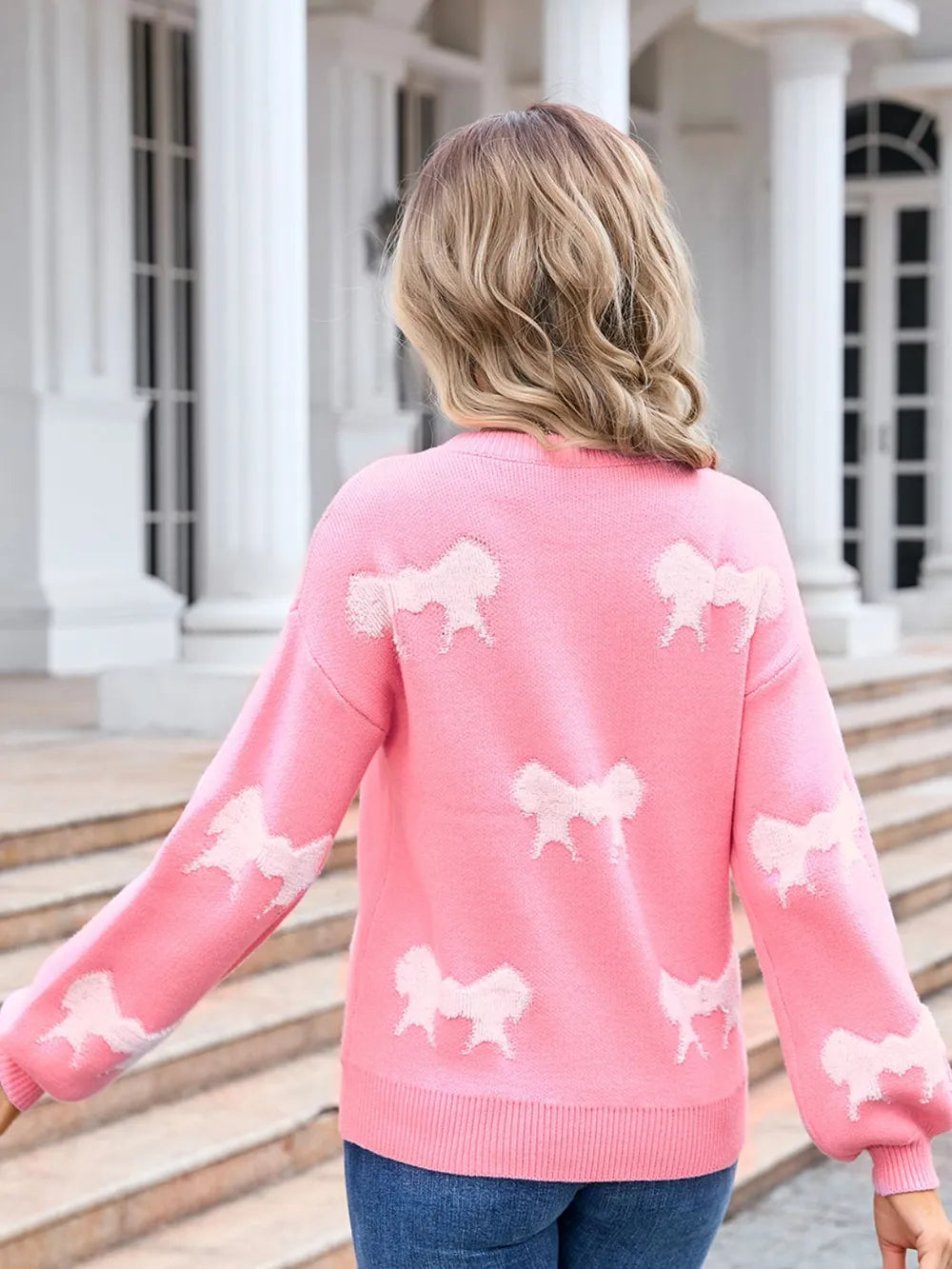 Bow Round Neck Dropped Shoulder Sweater (2)