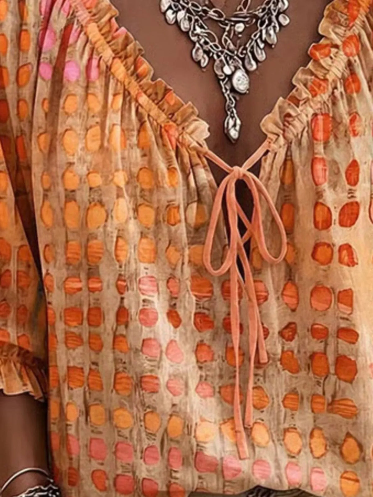 Full Size Tie Neck 3/4 Sleeve Blouse Plus (14)