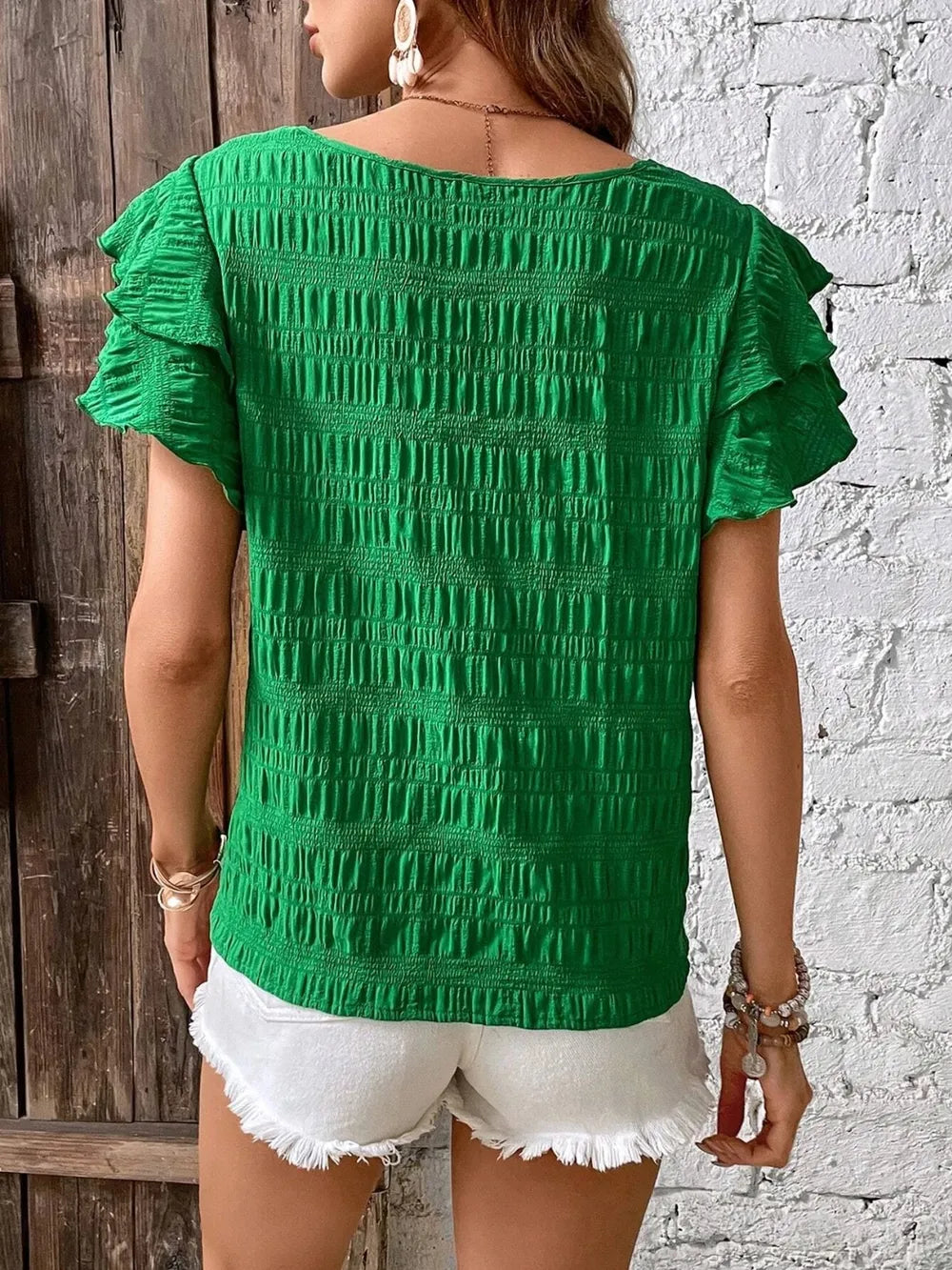 Round Neck Flounce Sleeve Blouse (3)