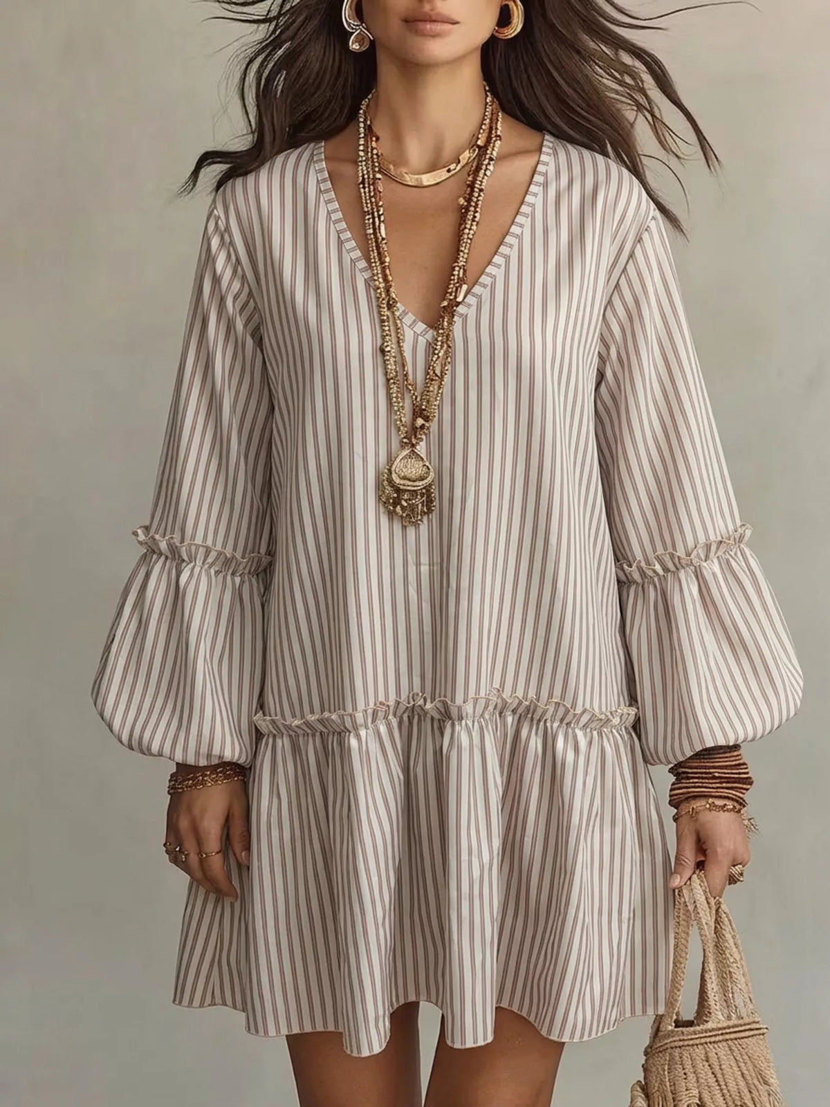 Full Size Striped Balloon Sleeve Mini Dress Plus (8)