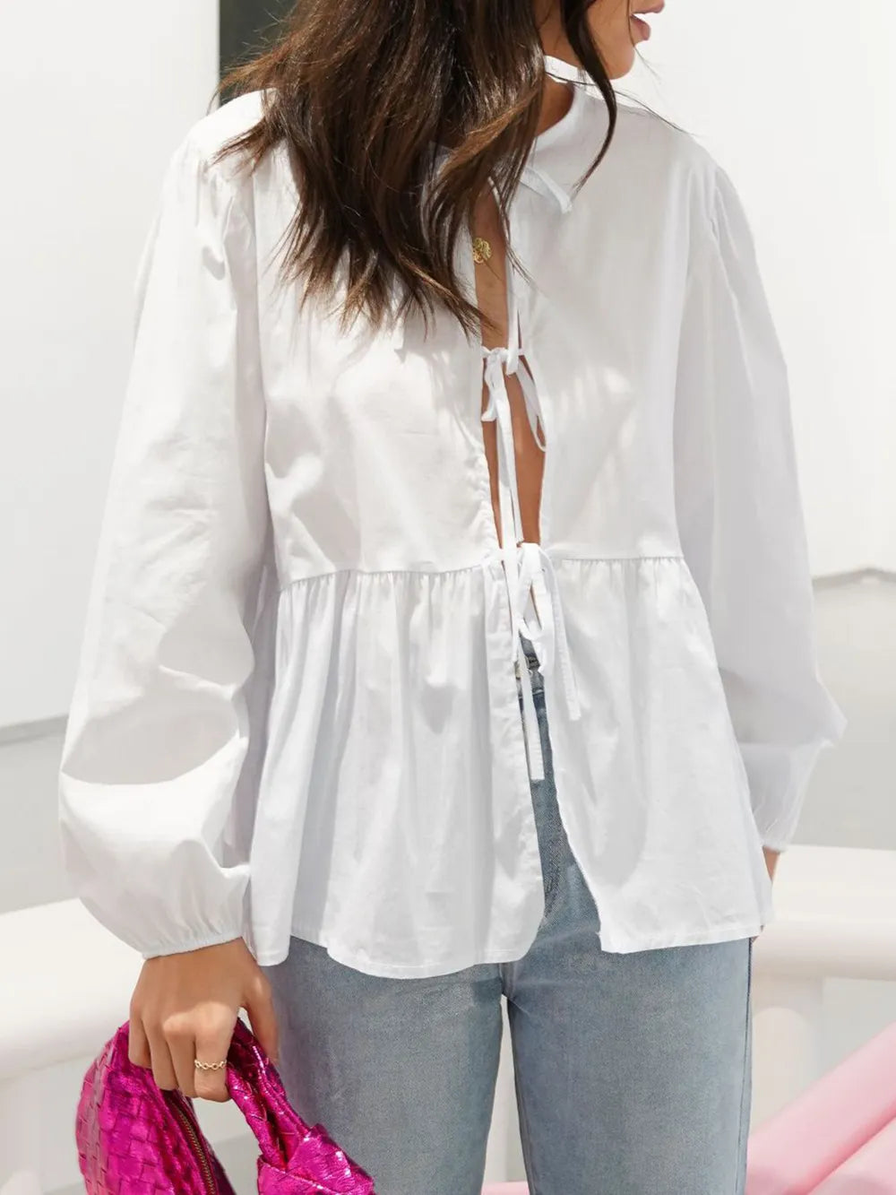 Tied Round Neck Long Sleeve Blouse (2)