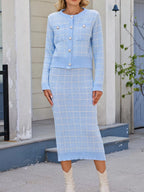 Plaid Knit Cardigan Midi Skirt Sweater Set (2)