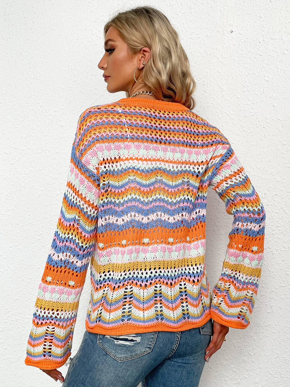 Chevron Stripes Openwork Cardigan (3)