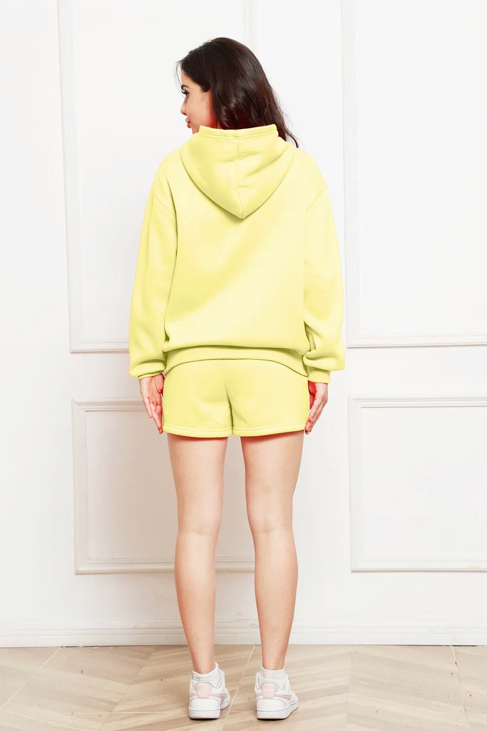 Drop Shoulder Long Sleeve Hoodie Shorts Set (2)