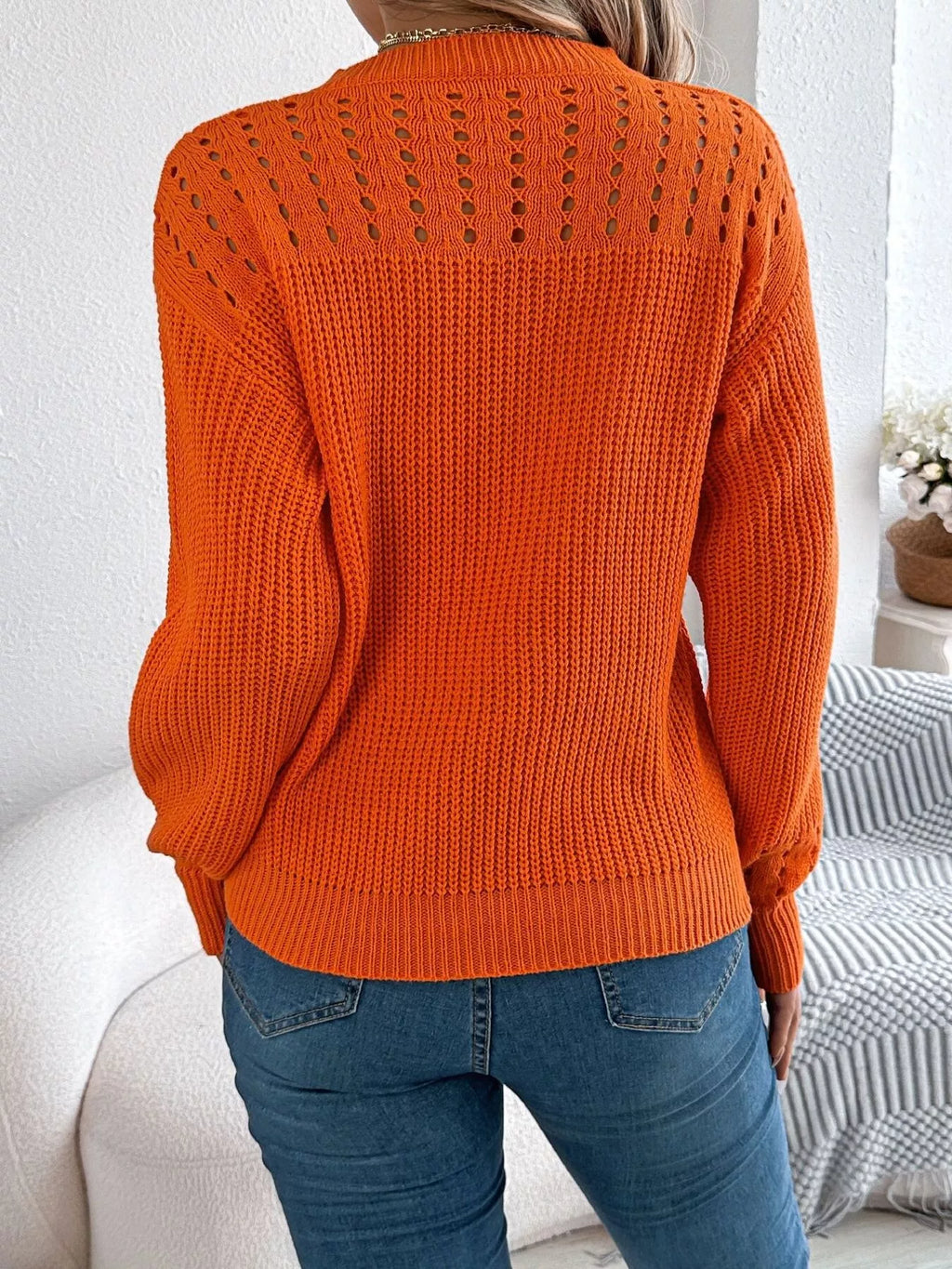 Openwork Round Neck Long Sleeve Sweater (7)