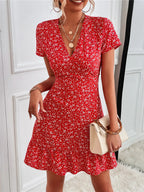 Printed Ruffled Hem V-neck Short Sleeve Mini Dress (4)
