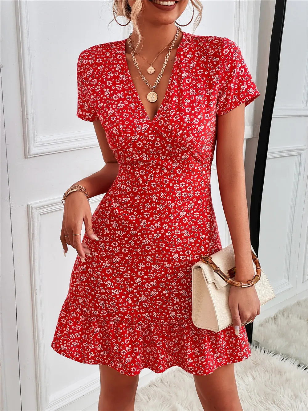 Printed Ruffled Hem V-neck Short Sleeve Mini Dress (4)