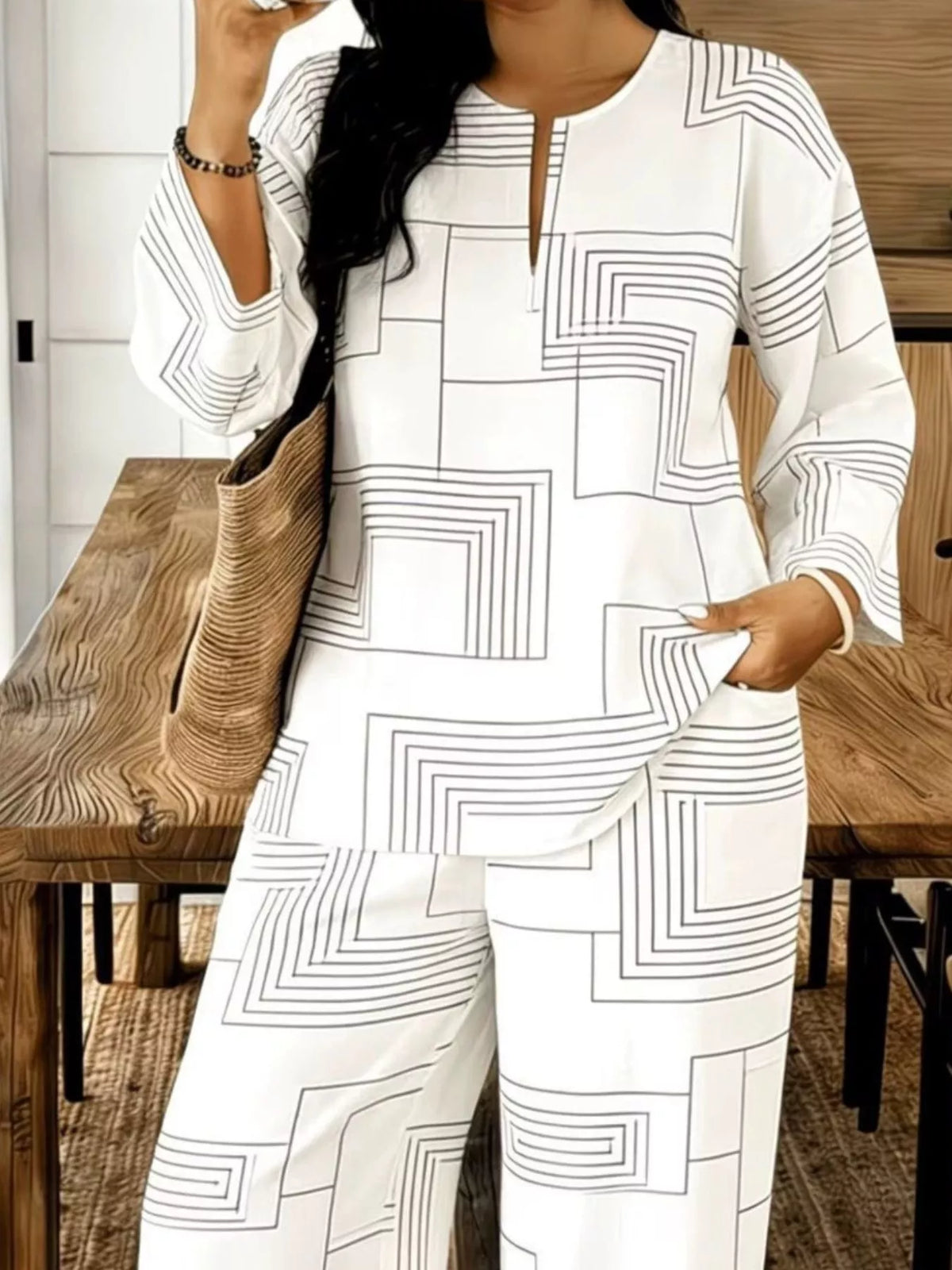Geometric Print Relaxed Fit Top Pants Set (9)