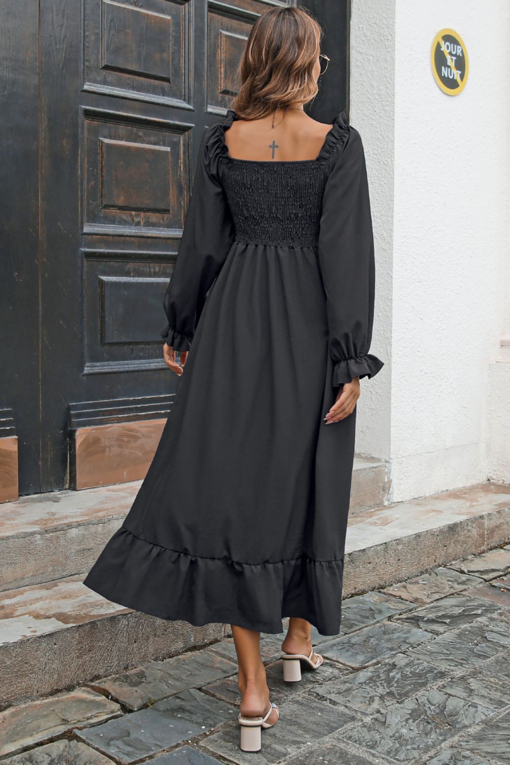 Smocked Ruffle Hem Flounce Sleeve Dress (8)